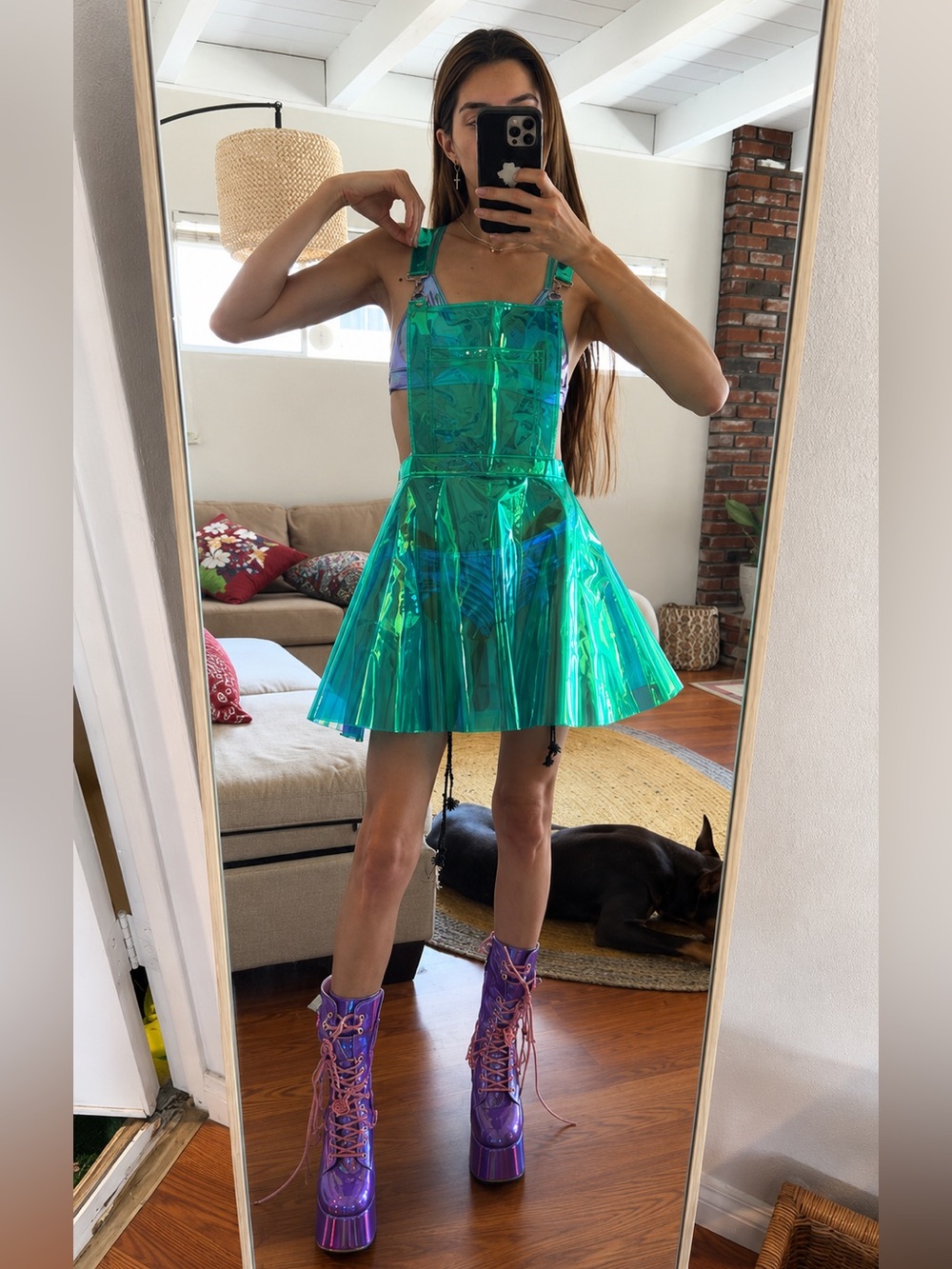 Dolls Kill Caleb Exx really old model RARE AQUA GURL HOLOGRAM OVERALL DRESS - Picture 3 of 6
